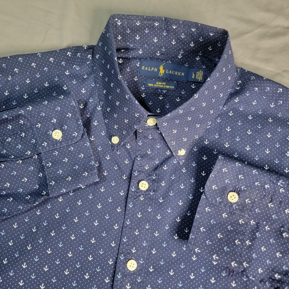 Polo Ralph Lauren Button Down Long Sleeve Shirt Mens Large Anchor All Over Print